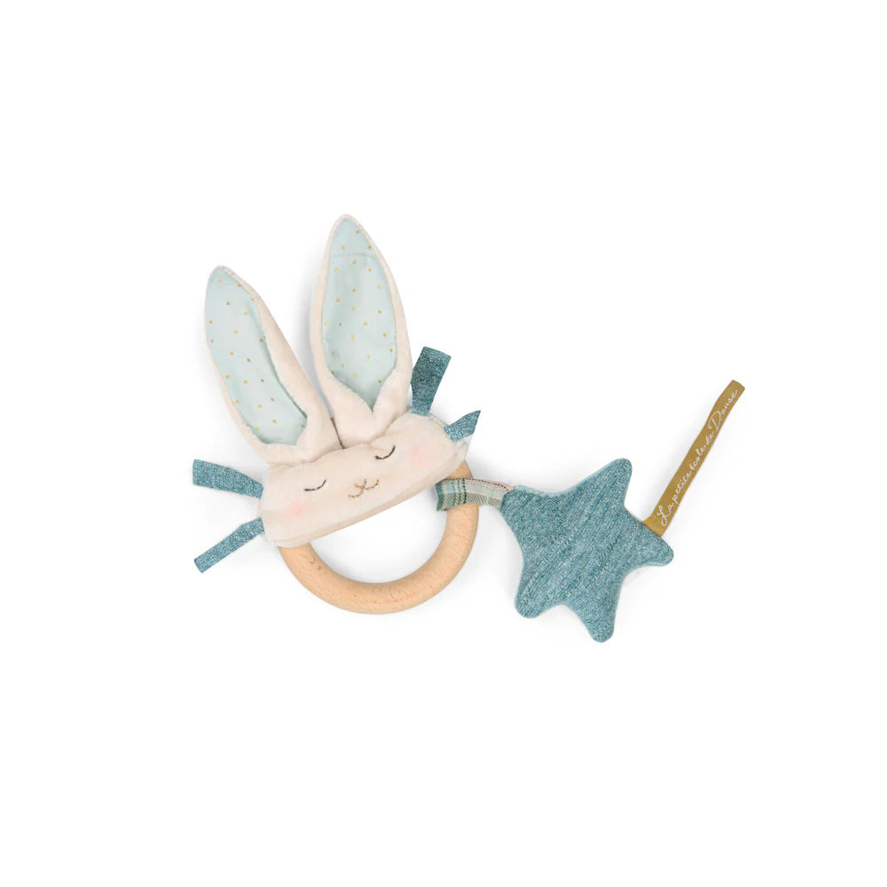 Blue Rabbit Wooden Ring Rattle - لعب الاطفال الطرية