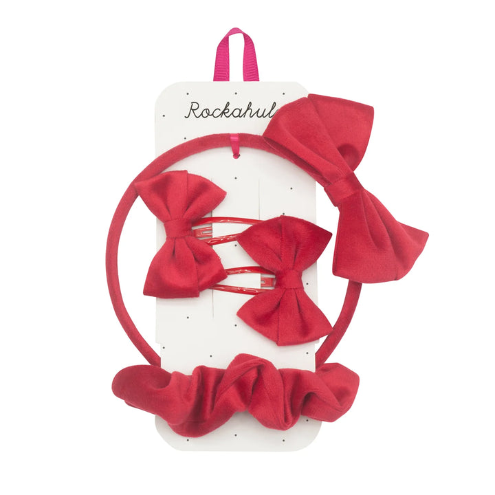 Velvet Bow School Hair Set Red - مستلزمات